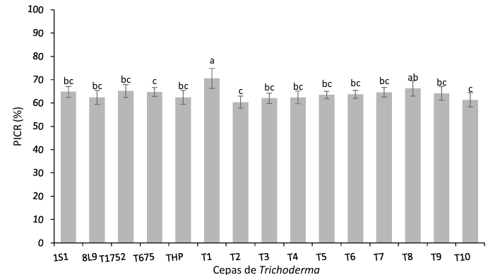 Control <em>in vitro</em> of <em>Neopestalotiopsis</em> sp. isolated from strawberry by <em>Trichoderma</em> and commercial fungicides. Figure 4 - Percentage of inhibition of root growth for <em>Neopestalotiopsis</em> sp. obtained from the confrontation with Trichoderma strains (p≤0.05).